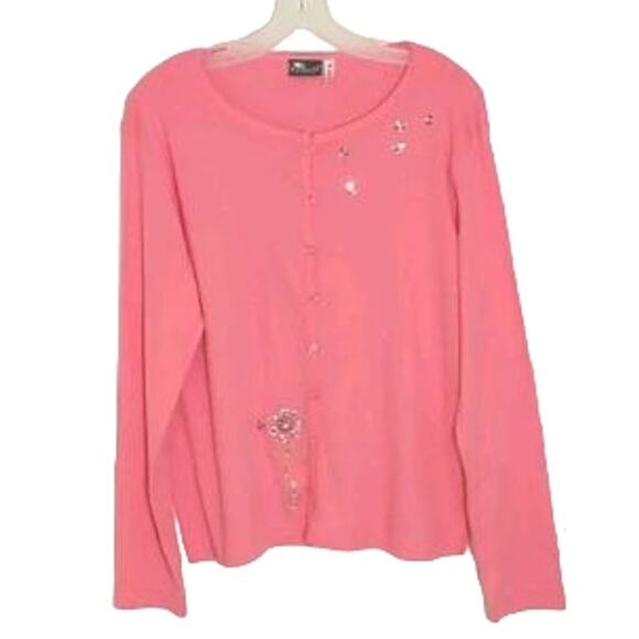 Sunburst Button Up Top Wmn's Sz M Pink Long Sleeve Soft Knit Embellished Cotton - Picture 8 of 9